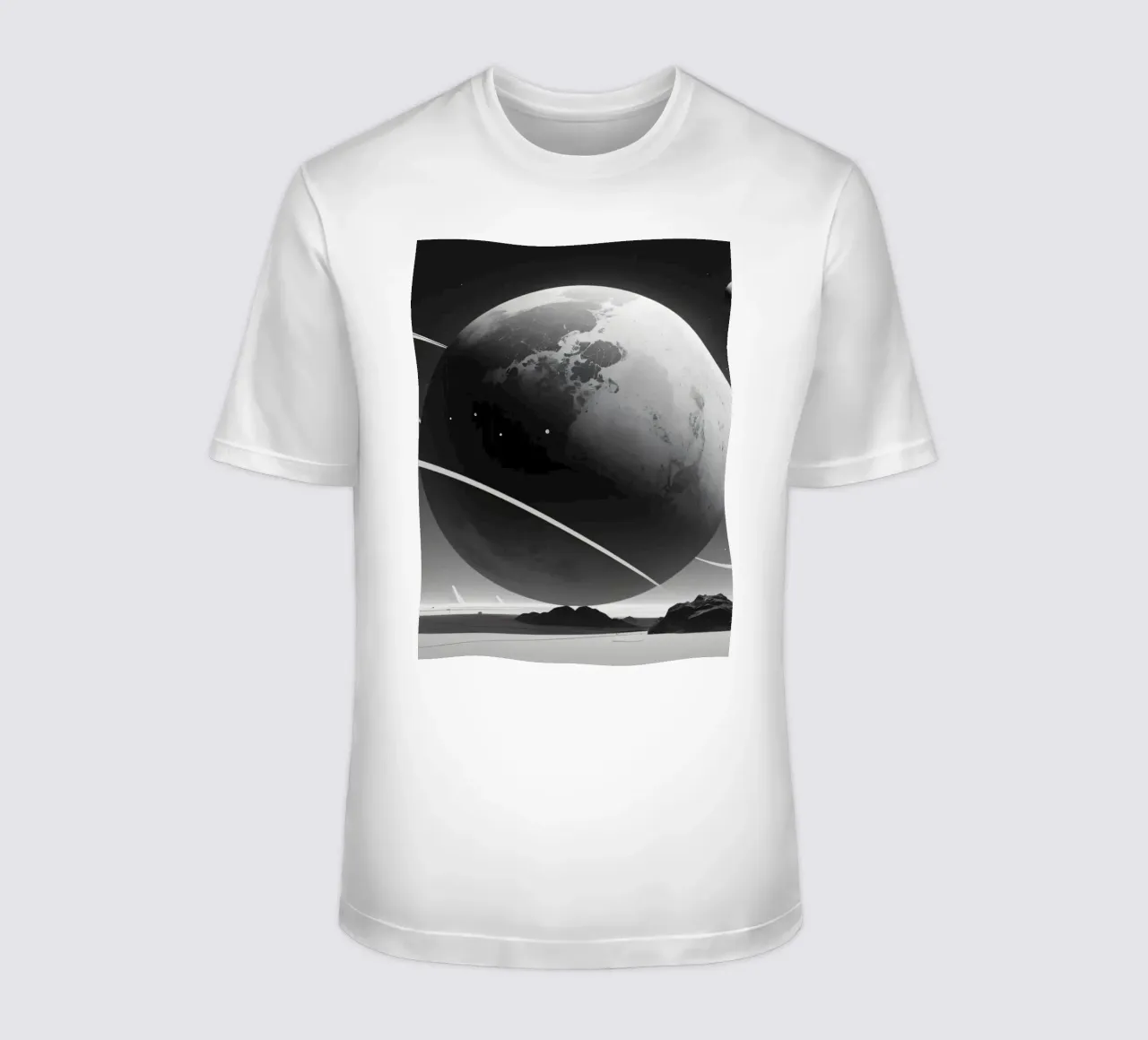 Planet mit Ringen, der über einer trostlosen Landschaft unter einer T-Shirt von DesignDoodle