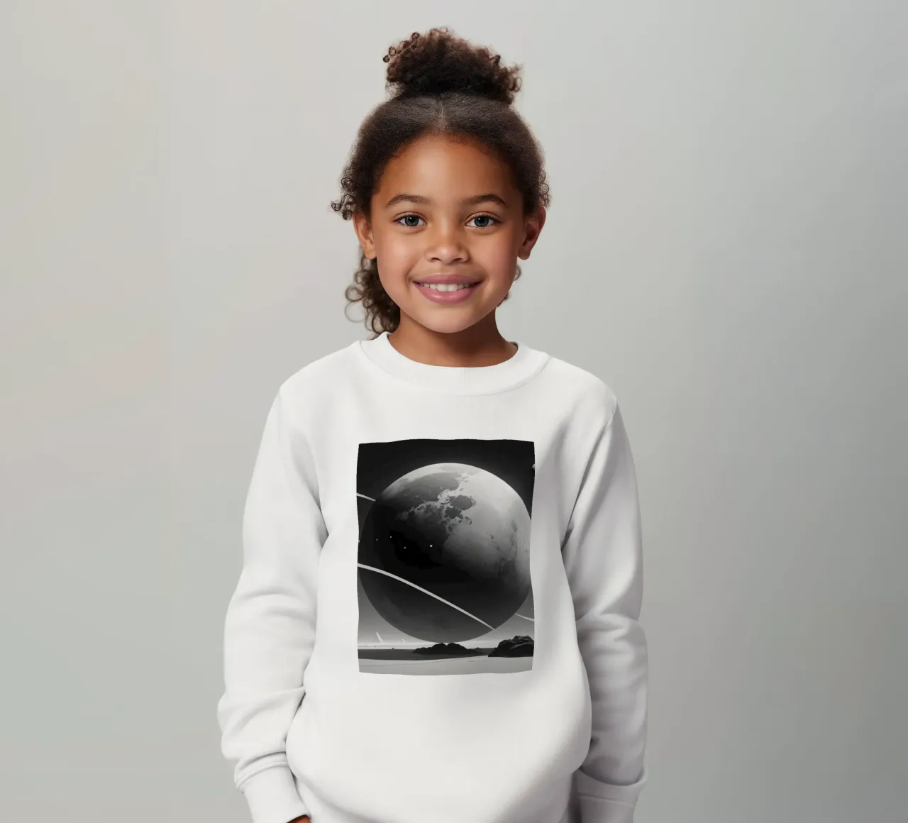 planet with rings hovering over a desolate landscape under a kids sweatshirt by DesignDoodle