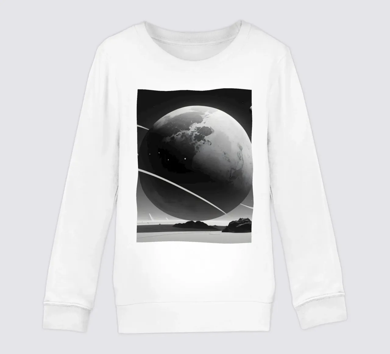 planet with rings hovering over a desolate landscape under a kids sweatshirt by DesignDoodle