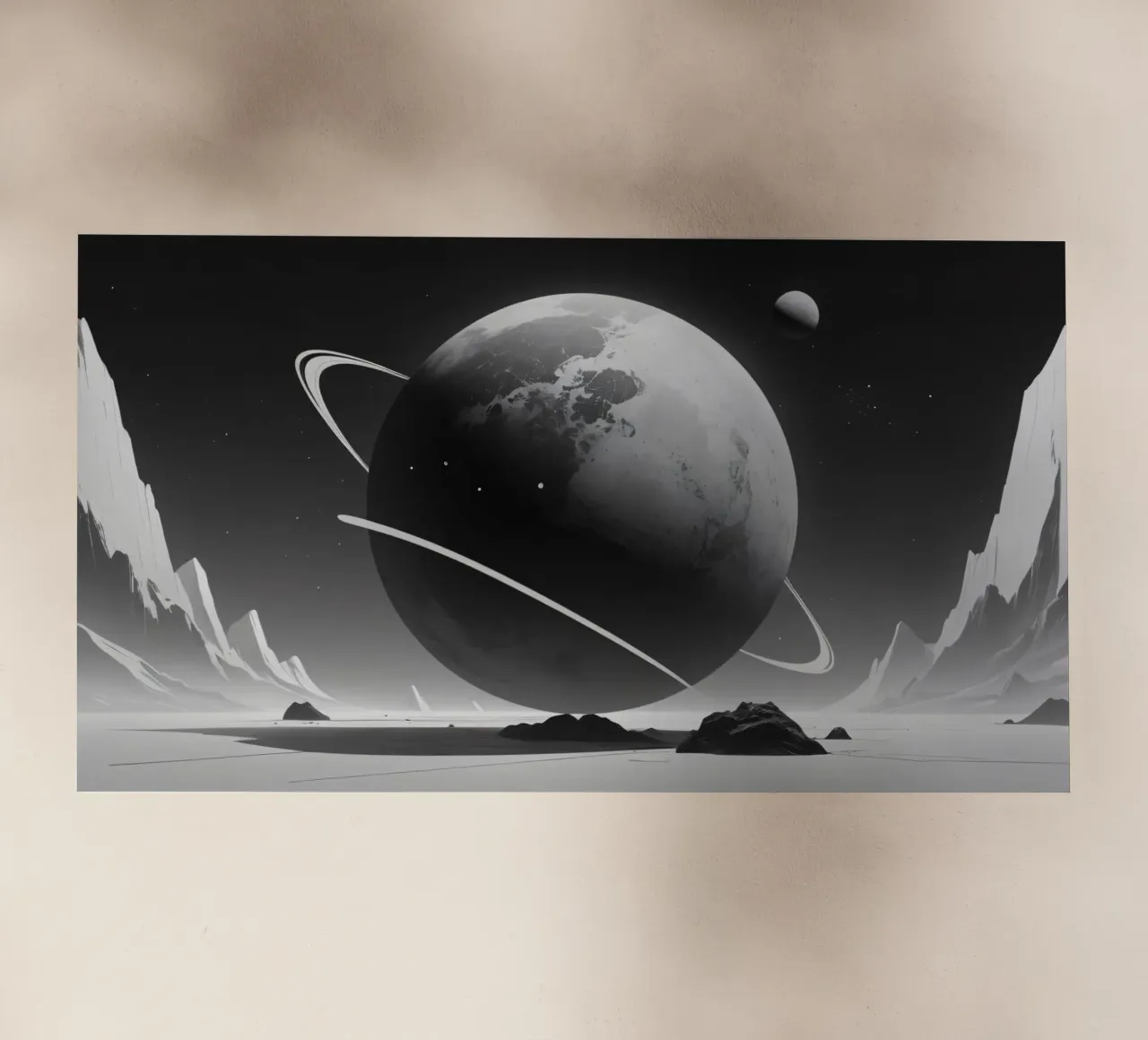 planet with rings hovering over a desolate landscape under a backlit film by DesignDoodle