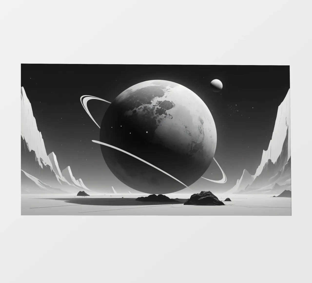 planet with rings hovering over a desolate landscape under a backlit film by DesignDoodle