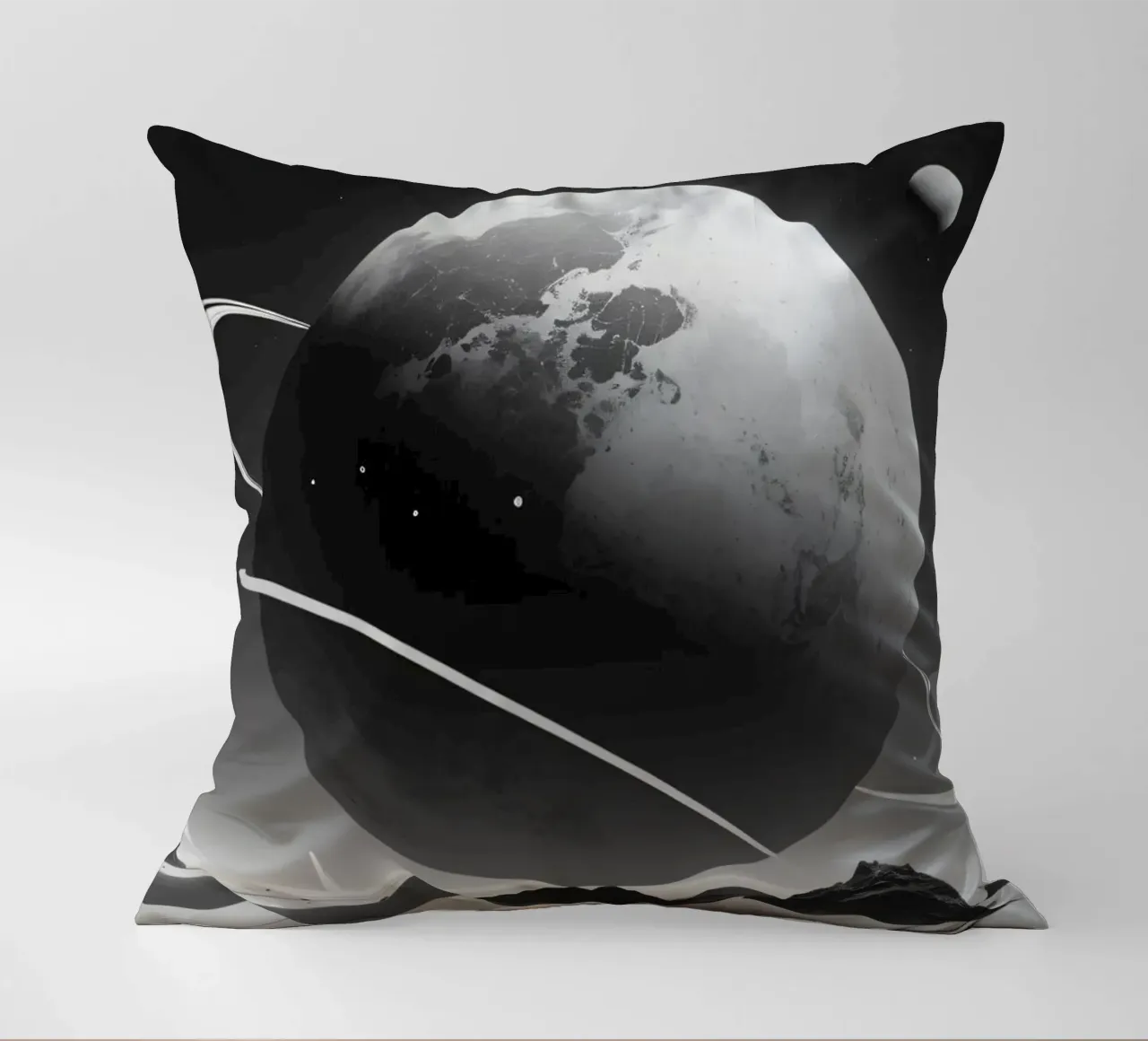 planet with rings hovering over a desolate landscape under a decorative cushion by DesignDoodle