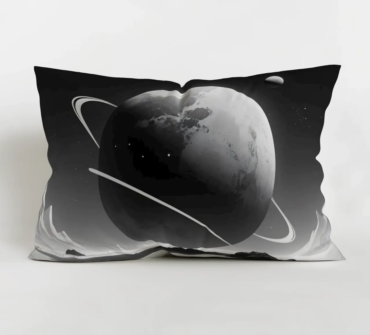 planet with rings hovering over a desolate landscape under a decorative cushion by DesignDoodle