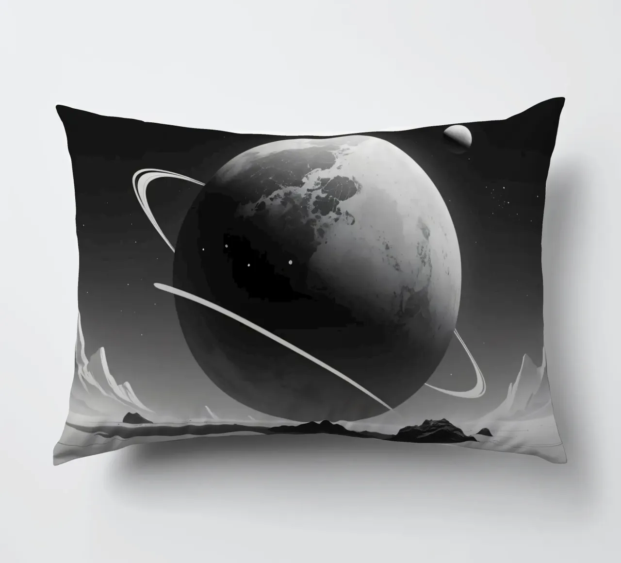 planet with rings hovering over a desolate landscape under a decorative cushion by DesignDoodle