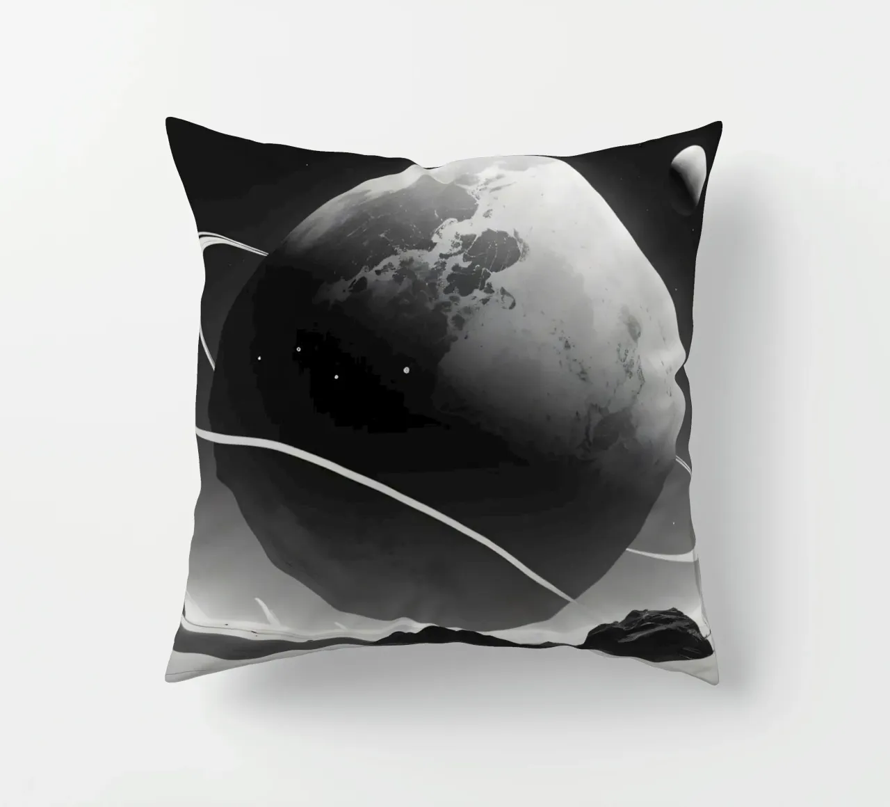 planet with rings hovering over a desolate landscape under a decorative cushion by DesignDoodle