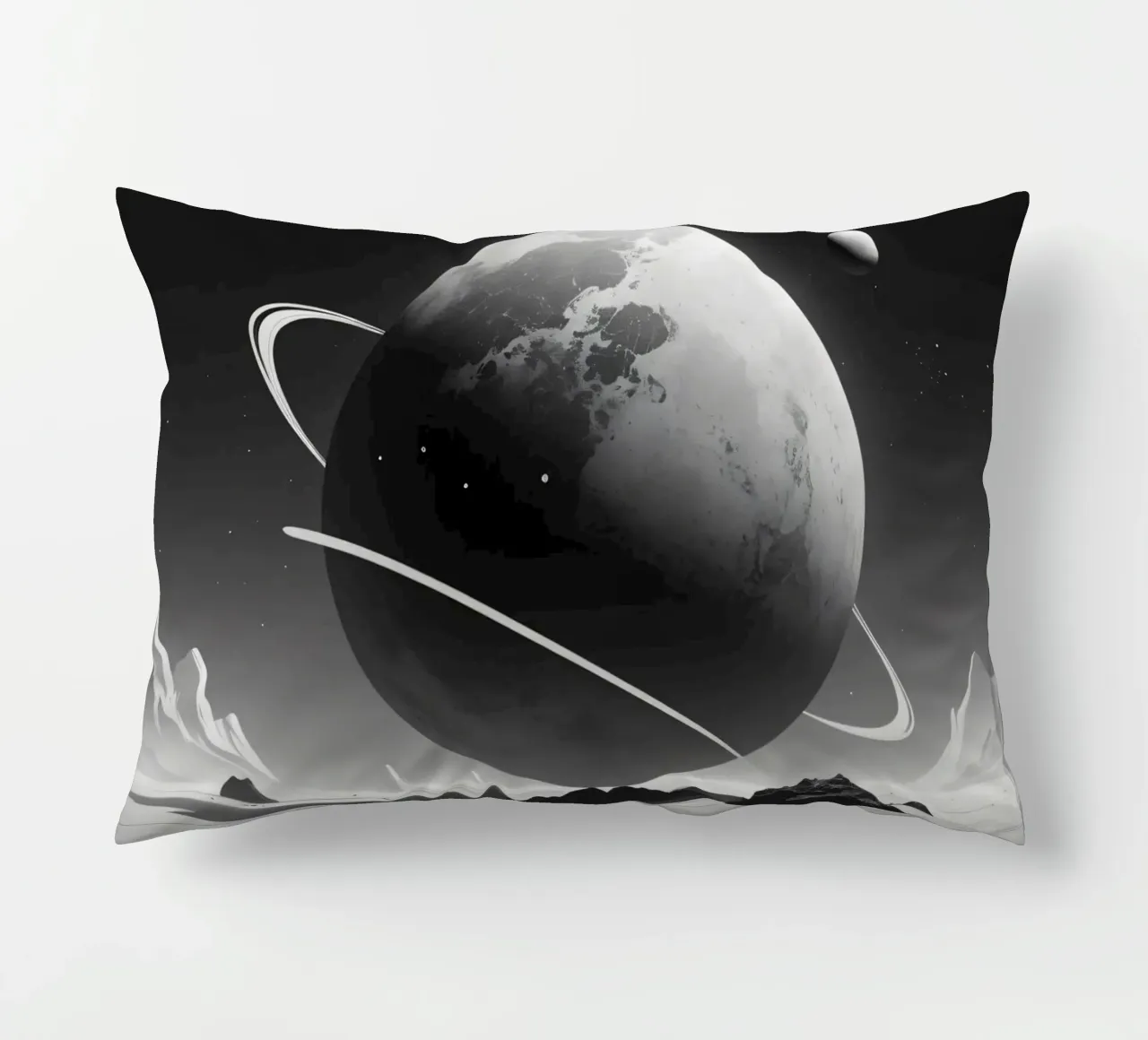 planet with rings hovering over a desolate landscape under a decorative cushion by DesignDoodle