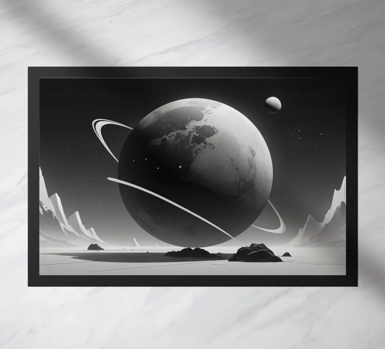 planet with rings hovering over a desolate landscape under a doormat by DesignDoodle