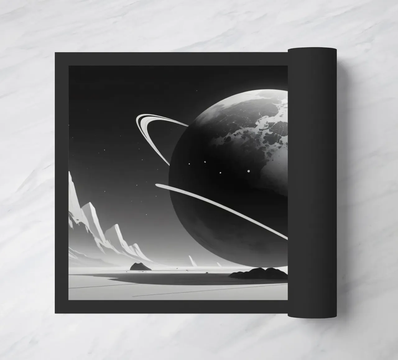 planet with rings hovering over a desolate landscape under a doormat by DesignDoodle