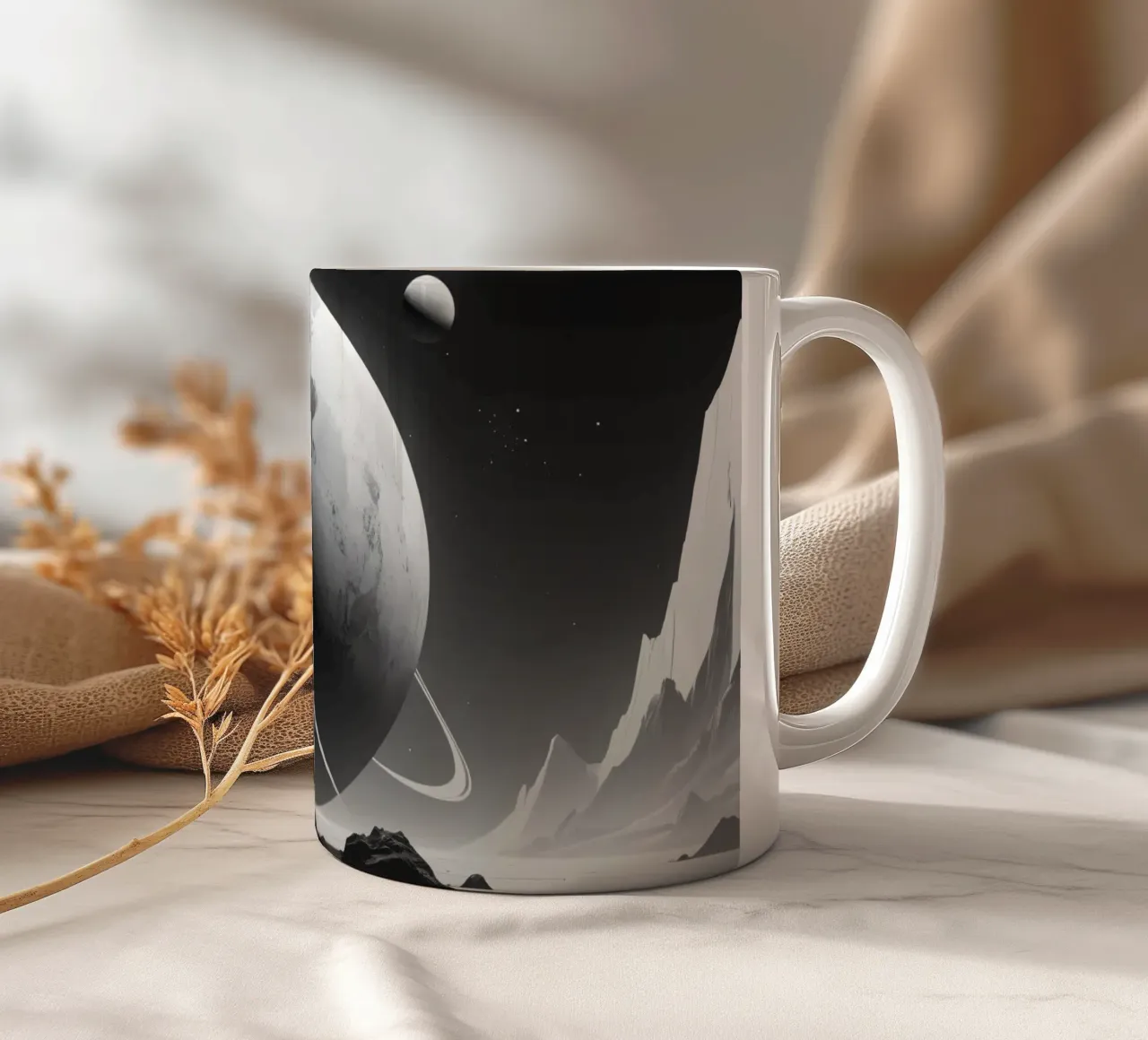 planet with rings hovering over a desolate landscape under a ceramic mug by DesignDoodle