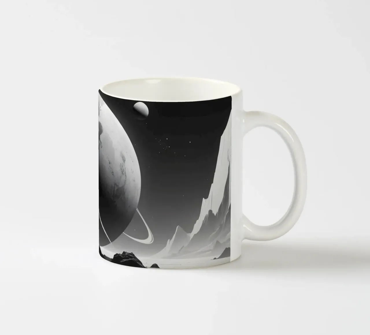 planet with rings hovering over a desolate landscape under a ceramic mug by DesignDoodle