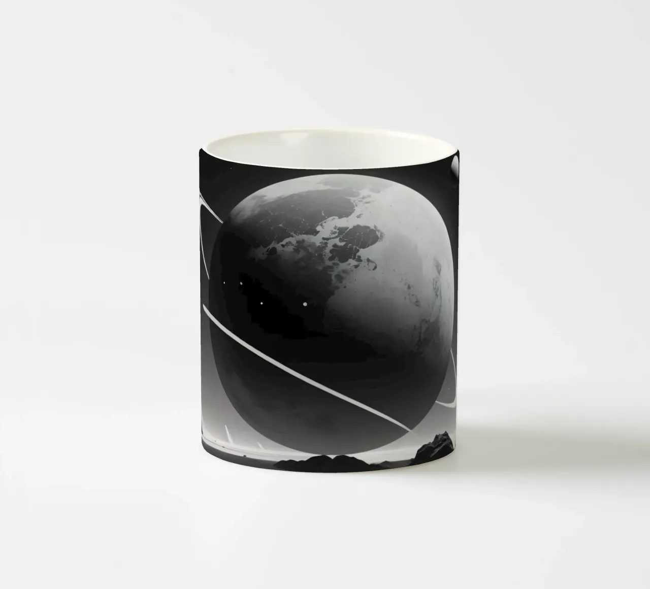 planet with rings hovering over a desolate landscape under a ceramic mug by DesignDoodle