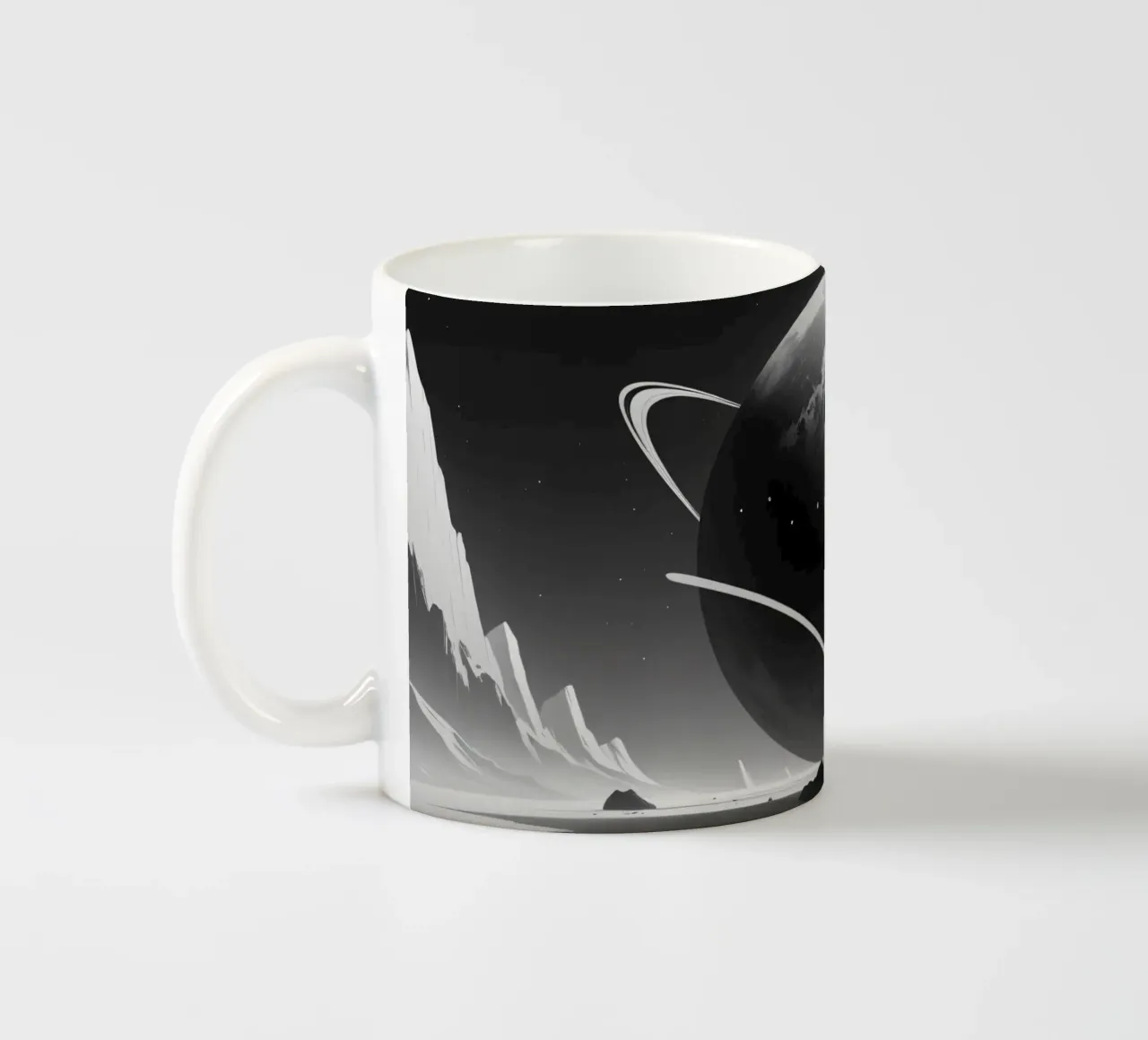 planet with rings hovering over a desolate landscape under a ceramic mug by DesignDoodle