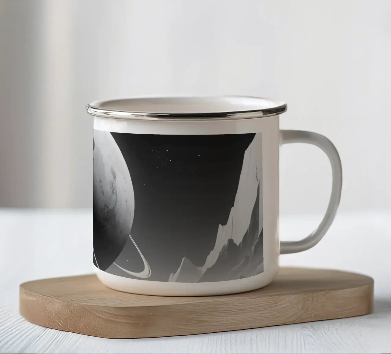 planet with rings hovering over a desolate landscape under a enamel mug by DesignDoodle