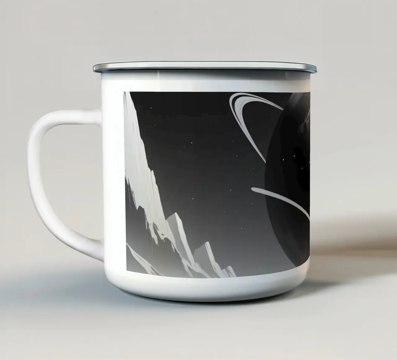 planet with rings hovering over a desolate landscape under a enamel mug by DesignDoodle