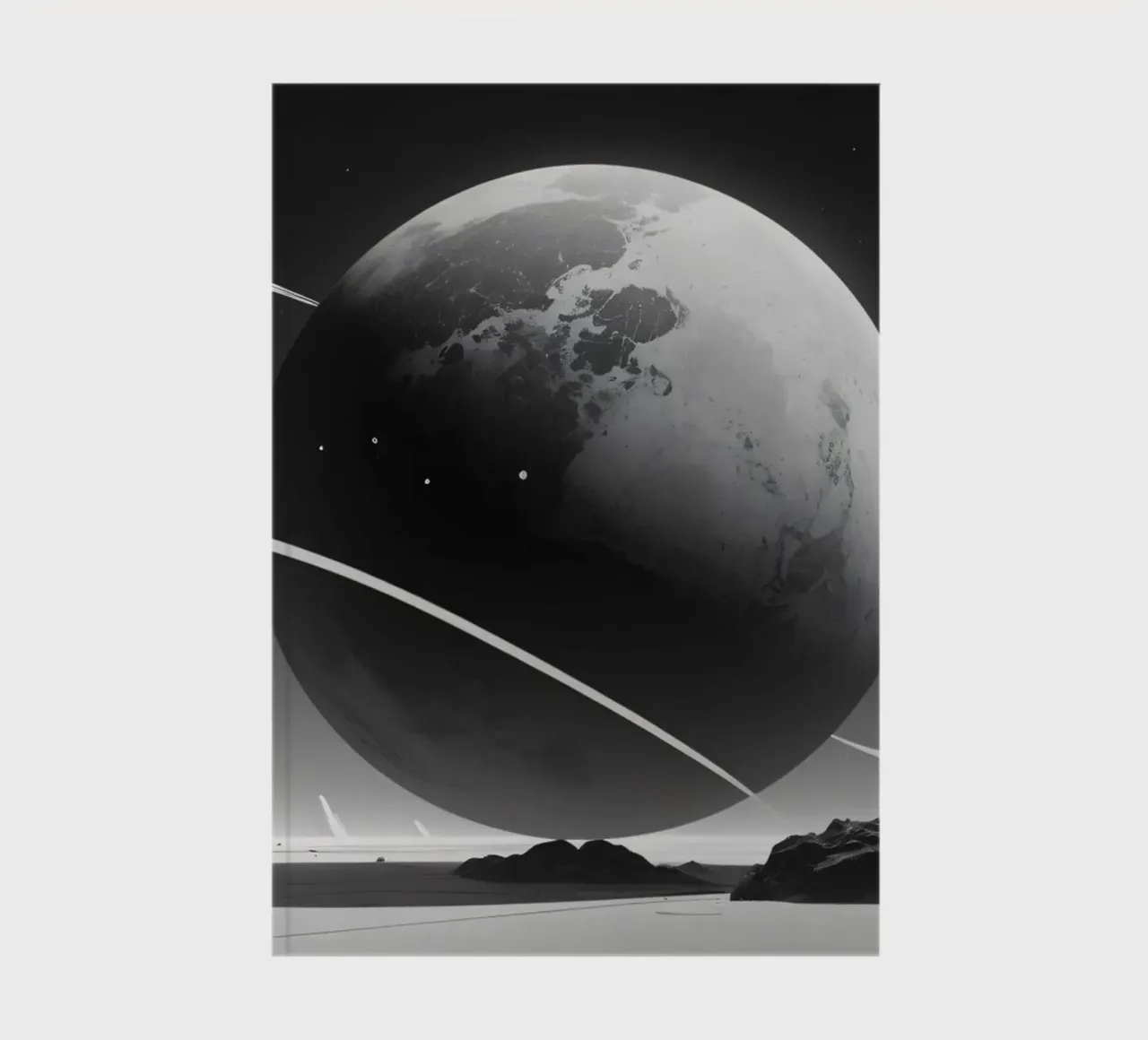 planet with rings hovering over a desolate landscape under a notebook by DesignDoodle