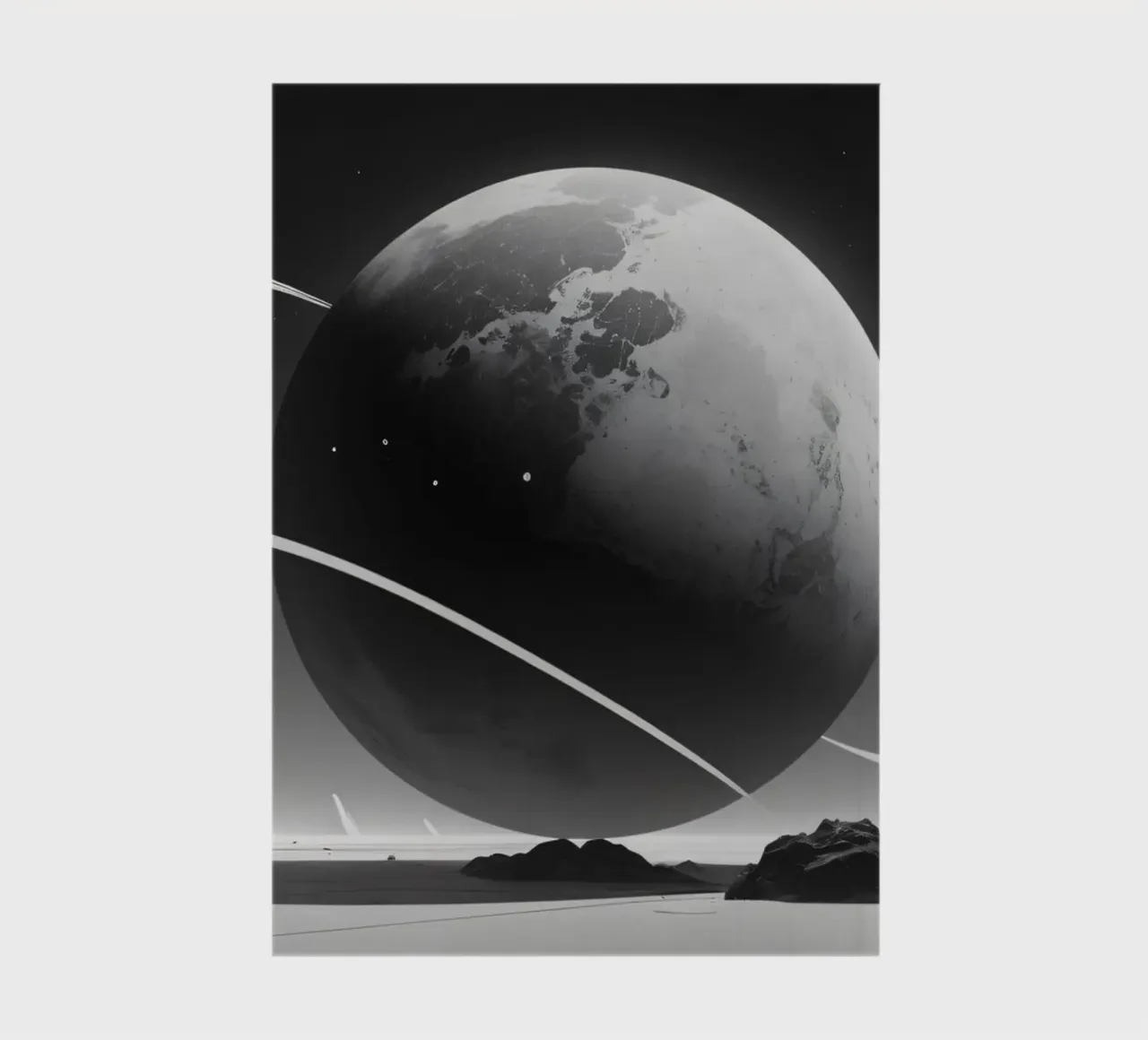 planet with rings hovering over a desolate landscape under a notebook by DesignDoodle