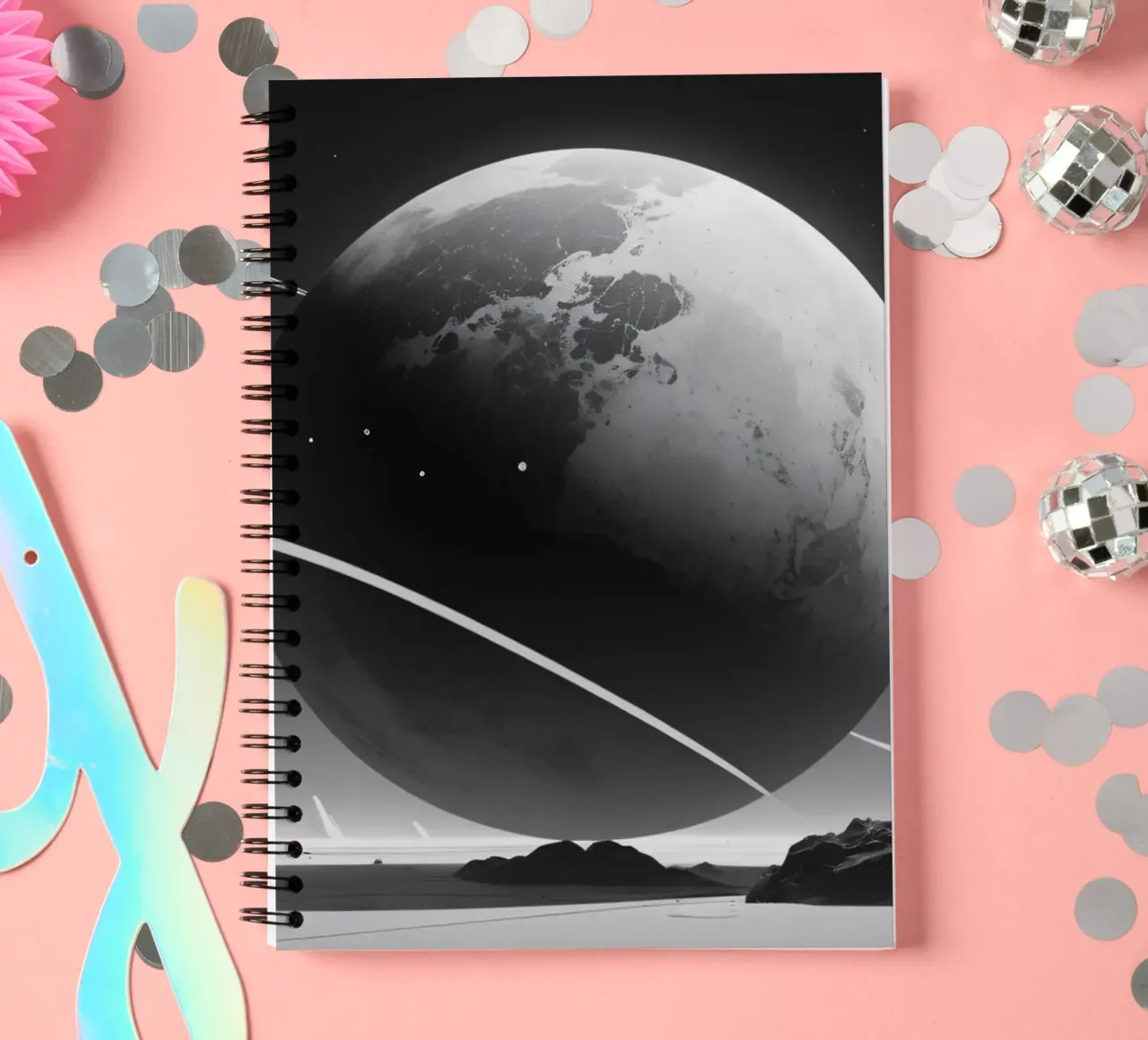 planet with rings hovering over a desolate landscape under a spiral notebook by DesignDoodle