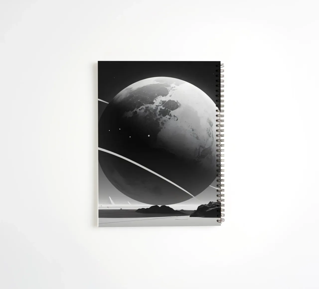 planet with rings hovering over a desolate landscape under a spiral notebook by DesignDoodle