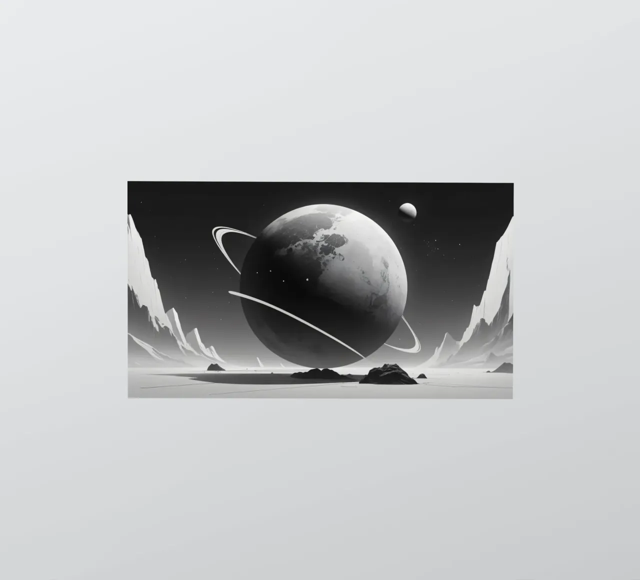 planet with rings hovering over a desolate landscape under a sticker by DesignDoodle