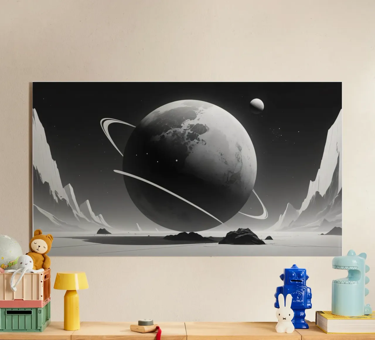 planet with rings hovering over a desolate landscape under a acrylic glass by DesignDoodle
