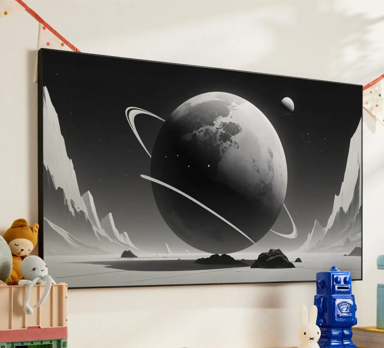 planet with rings hovering over a desolate landscape under a alu-dibond by DesignDoodle