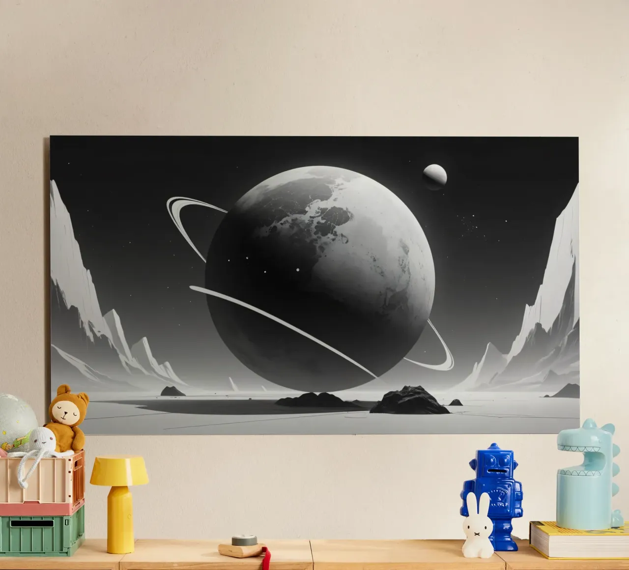 planet with rings hovering over a desolate landscape under a alu-dibond by DesignDoodle