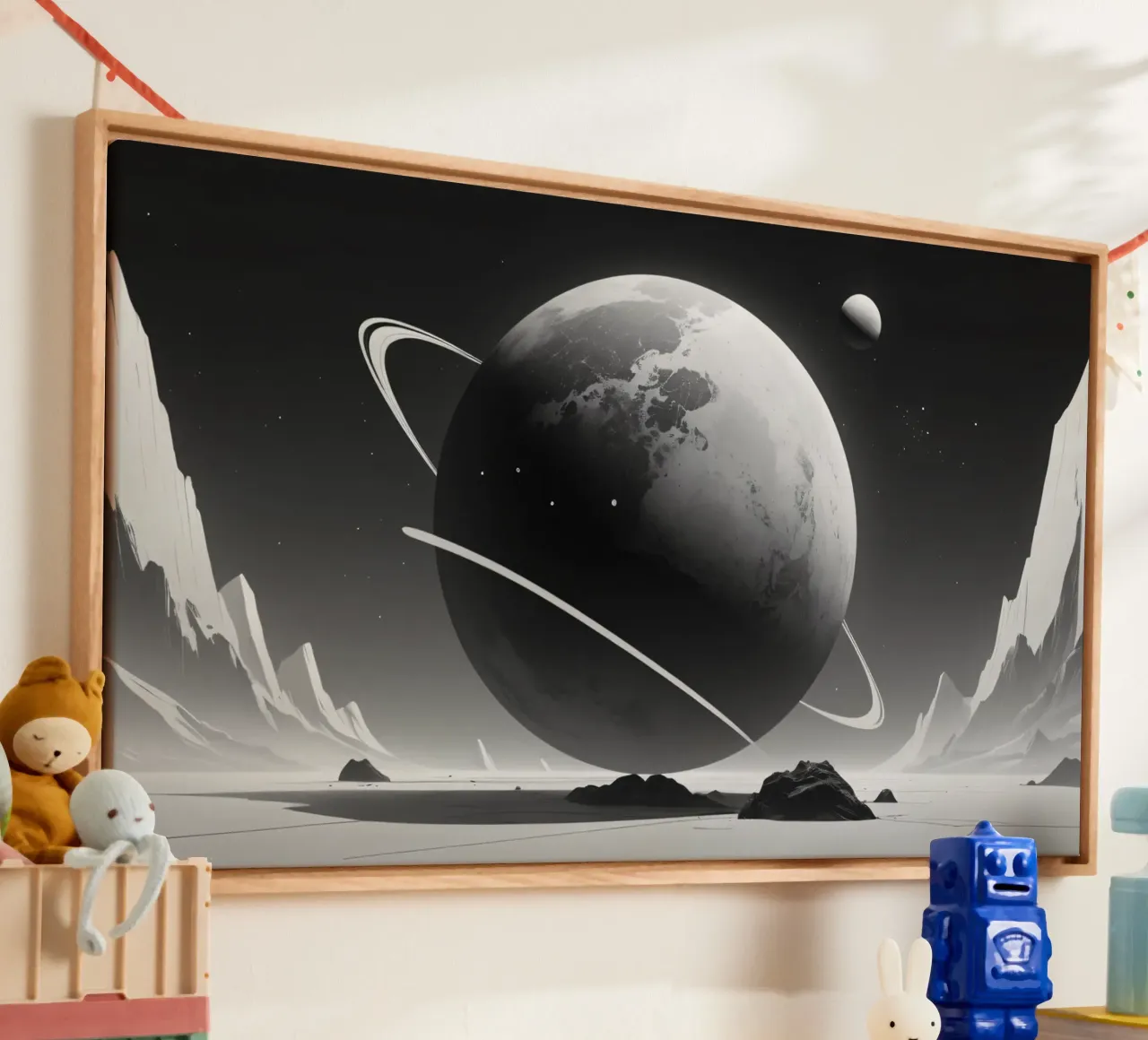 planète avec des anneaux planant au-dessus d'un paysage de désolation sous une toile de DesignDoodle