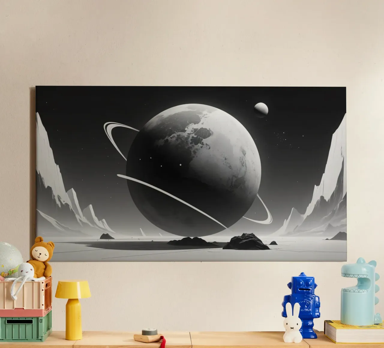 planète avec des anneaux planant au-dessus d'un paysage de désolation sous une toile de DesignDoodle