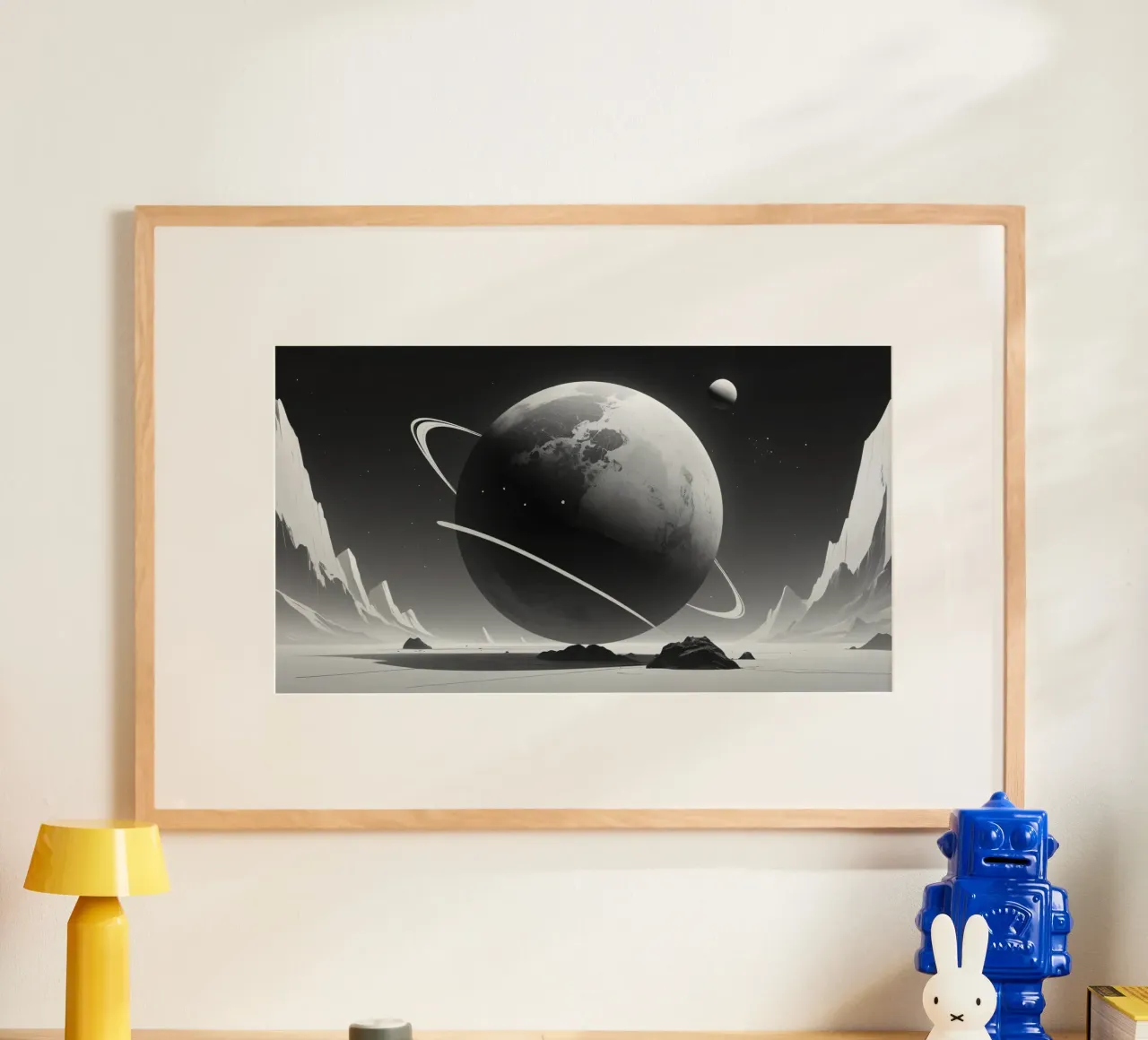 planet with rings hovering over a desolate landscape under a hahnemühle by DesignDoodle