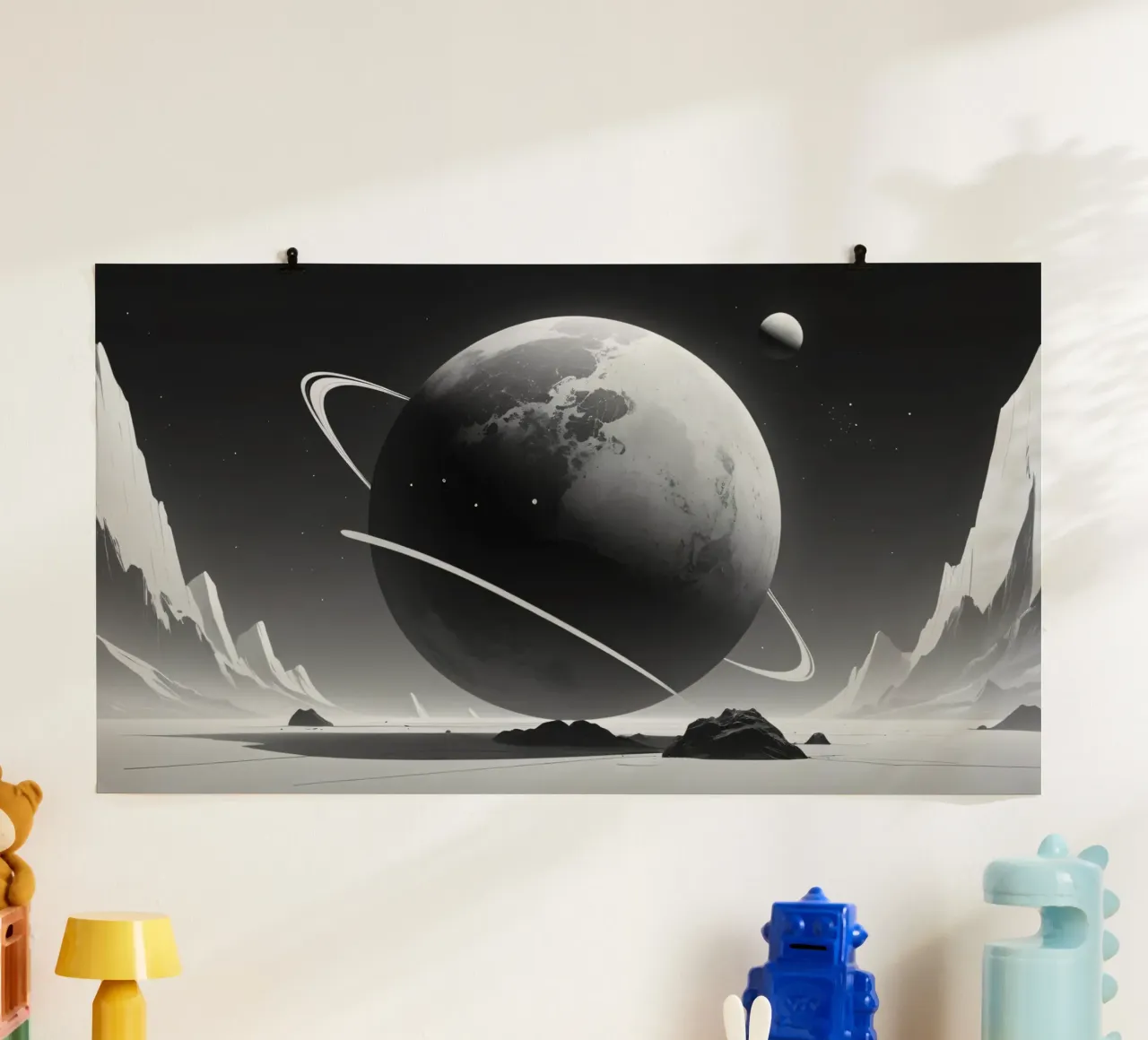 planet with rings hovering over a desolate landscape under a hahnemühle by DesignDoodle