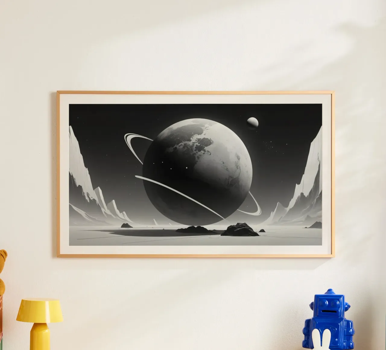 planet with rings hovering over a desolate landscape under a hahnemühle by DesignDoodle