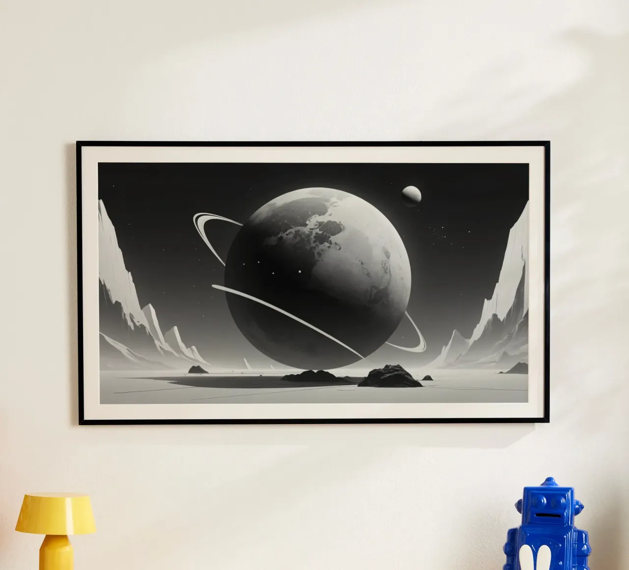 planet with rings hovering over a desolate landscape under a hahnemühle by DesignDoodle