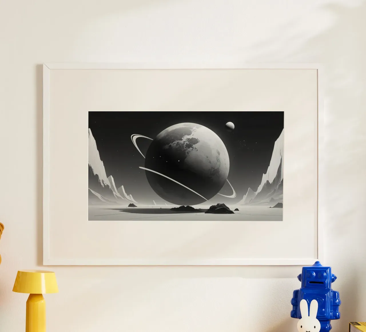 planet with rings hovering over a desolate landscape under a hahnemühle by DesignDoodle