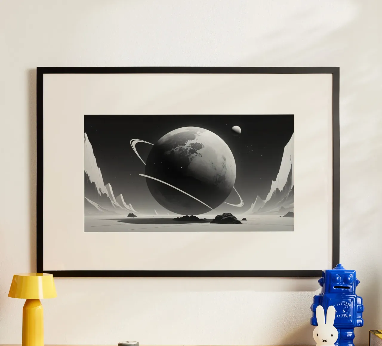 planet with rings hovering over a desolate landscape under a hahnemühle by DesignDoodle