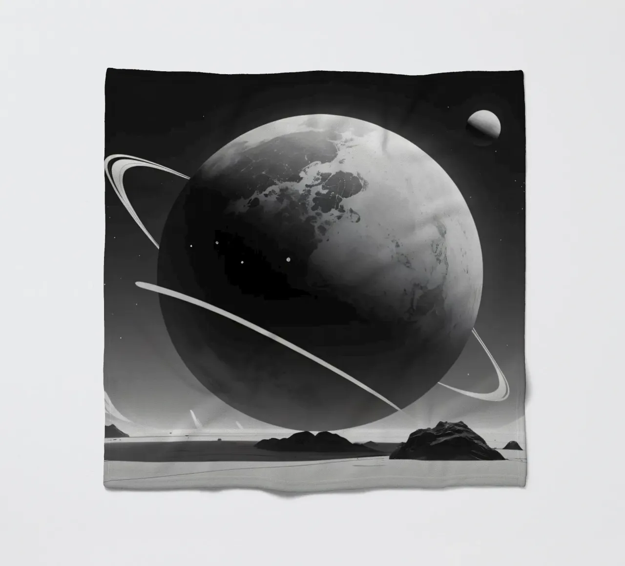 planet with rings hovering over a desolate landscape under a fleece blanket by DesignDoodle