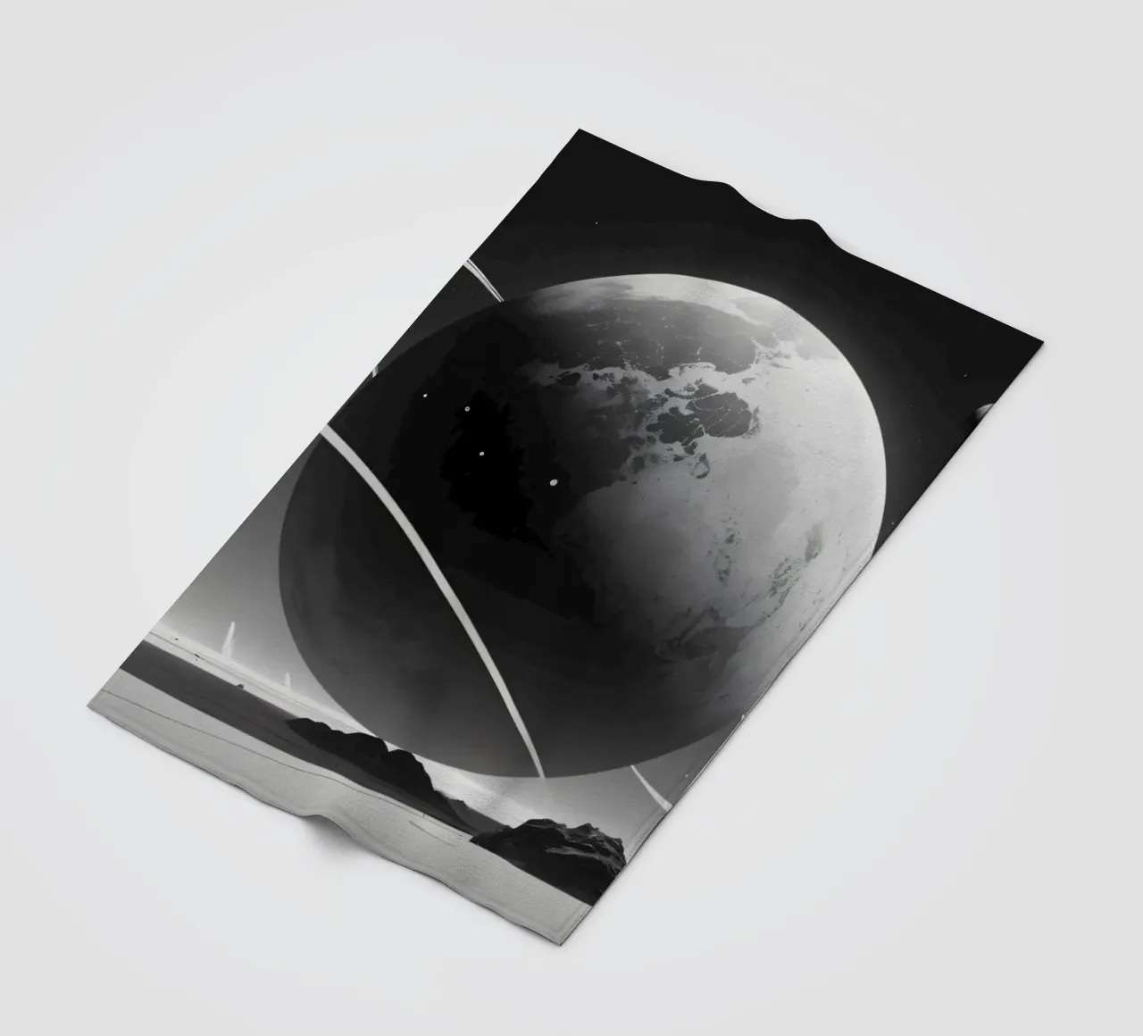 planet with rings hovering over a desolate landscape under a fleece blanket by DesignDoodle