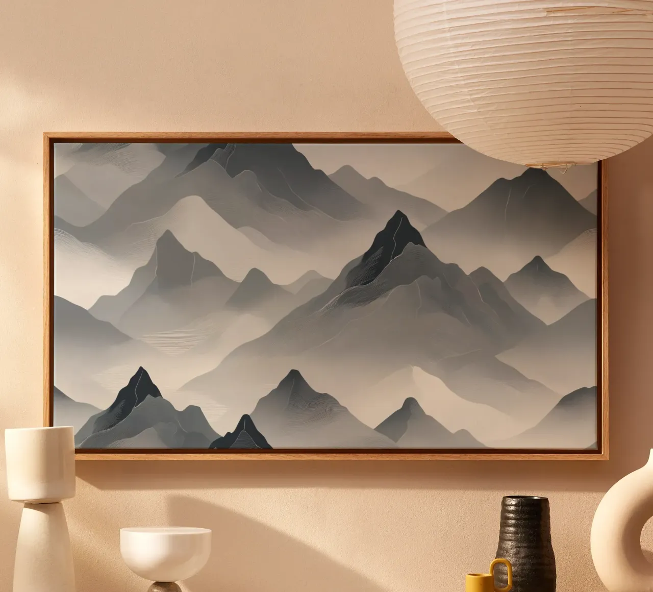 Stunning monochrome mountain landscape with layers of fog canvas by DesignDoodle