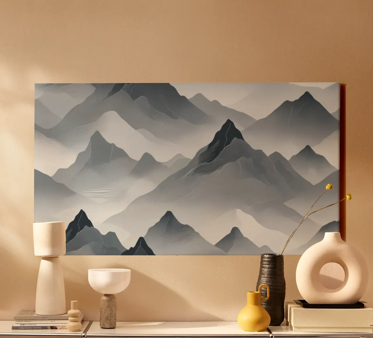 Stunning monochrome mountain landscape with layers of fog canvas by DesignDoodle