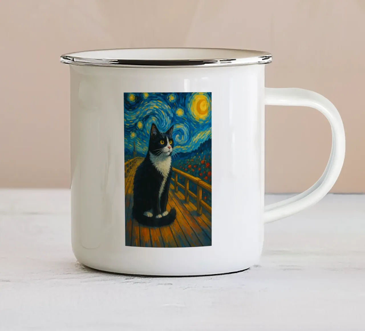 Gatto notturno stellato design artistico divertente tazza in smalto da the gondals