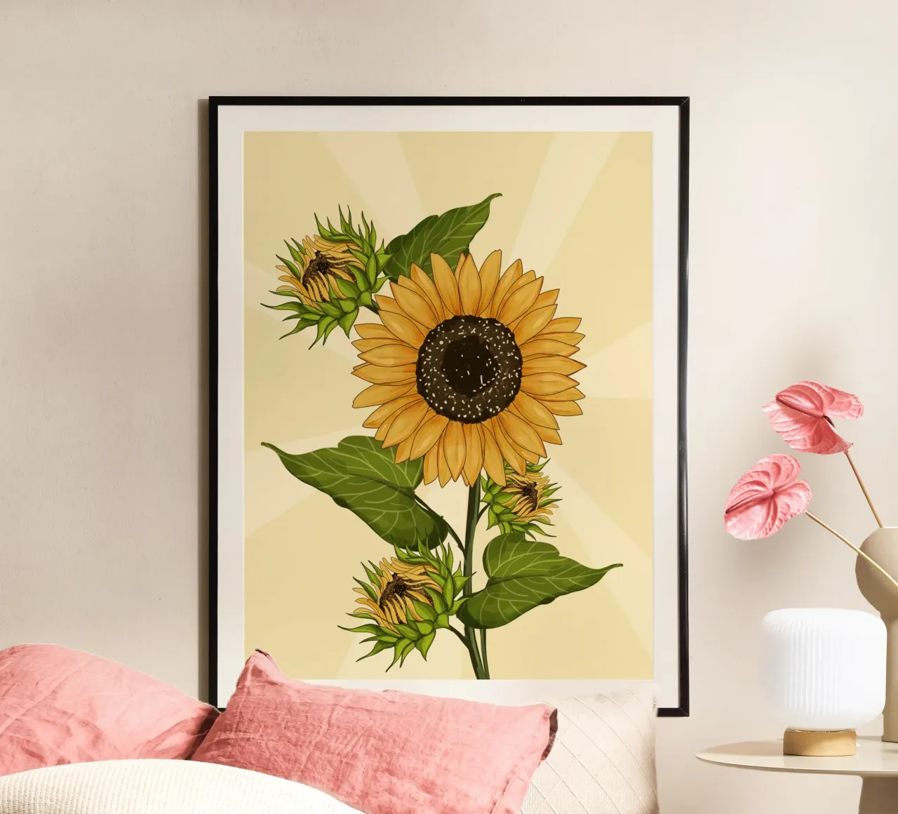 Campo di girasoli in fiore vintage poster con telaio in plastica da Mitalim Designs