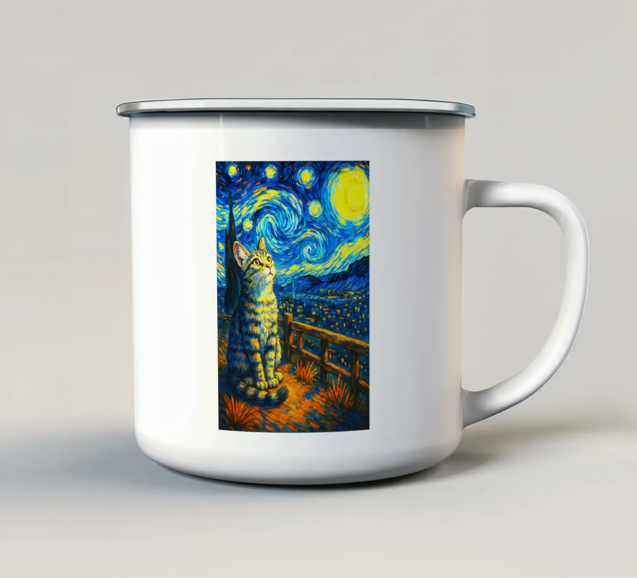 Cat Starry Night T-Shirt, Cat Shirt, Art Lover Gift, Van Gog enamel mug by the gondils