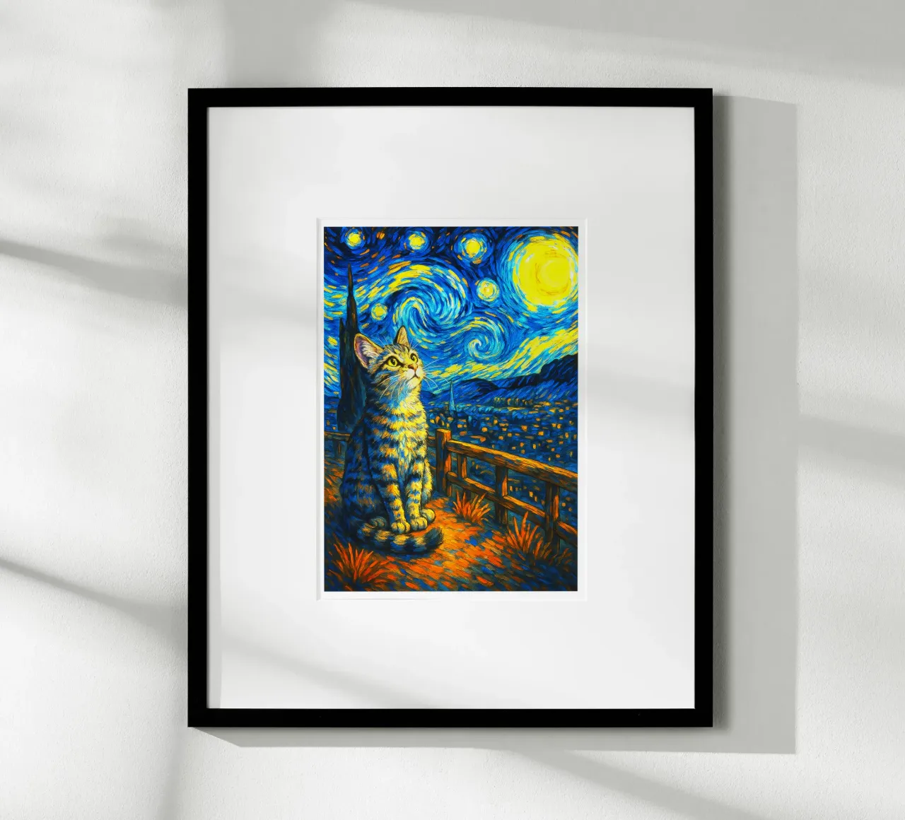 Maglietta Cat Starry Night, maglietta gatto, regalo per gli amanti dell'arte, Van Gog poster con telaio in alluminio da the gondils