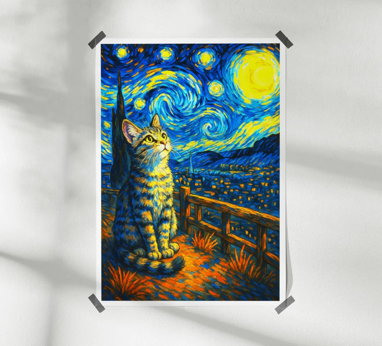 Maglietta Cat Starry Night, maglietta gatto, regalo per gli amanti dell'arte, Van Gog poster con telaio in alluminio da the gondils