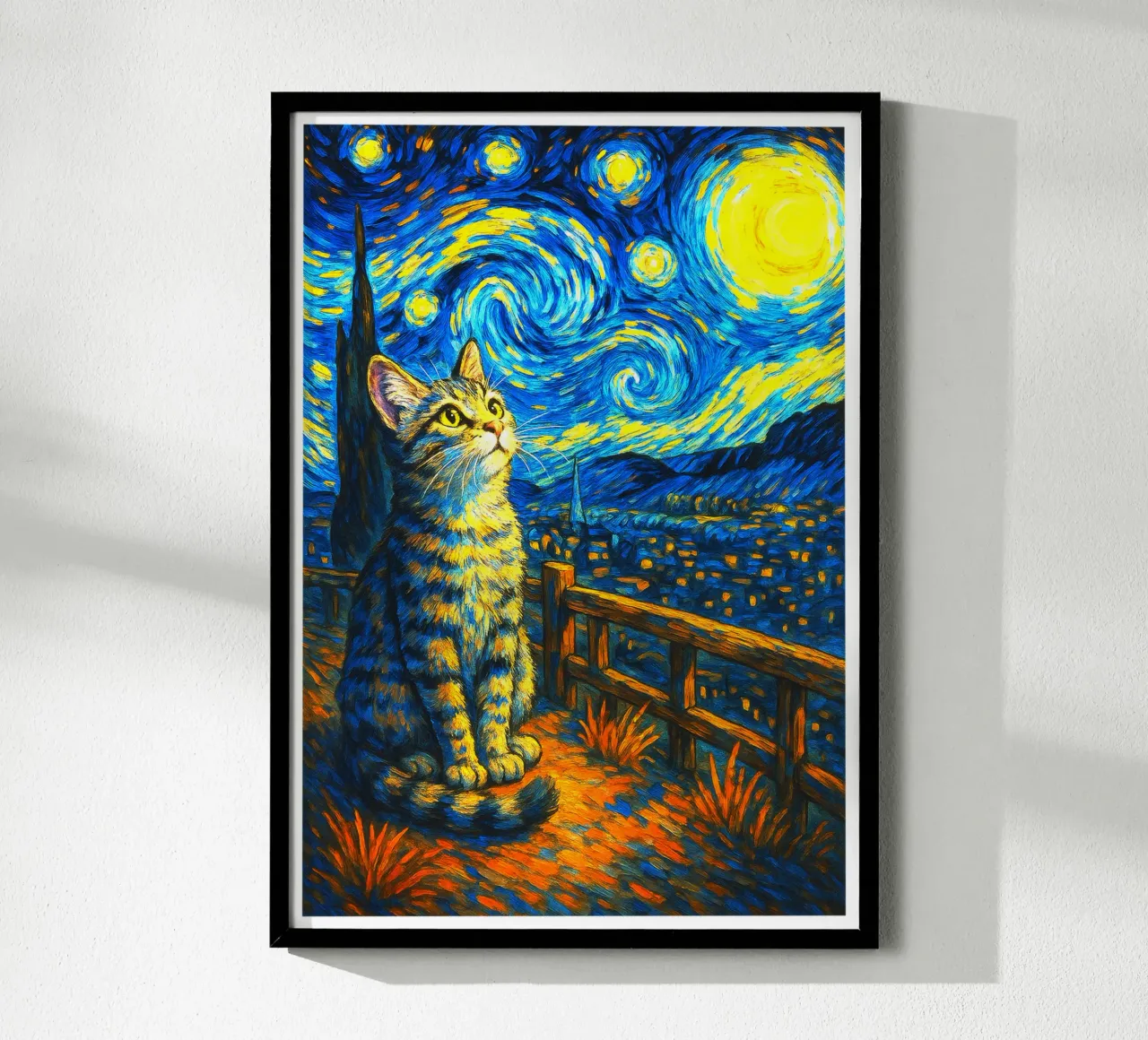 Maglietta Cat Starry Night, maglietta gatto, regalo per gli amanti dell'arte, Van Gog poster con telaio in alluminio da the gondils
