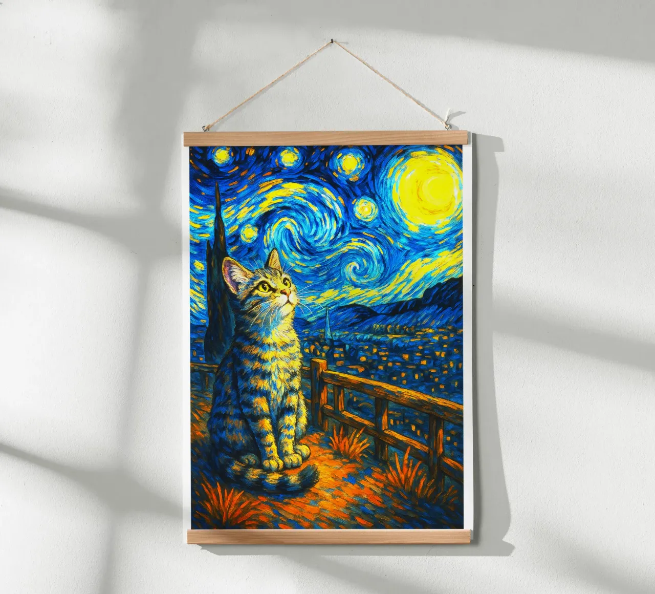 Maglietta Cat Starry Night, maglietta gatto, regalo per gli amanti dell'arte, Van Gog poster con telaio in alluminio da the gondils