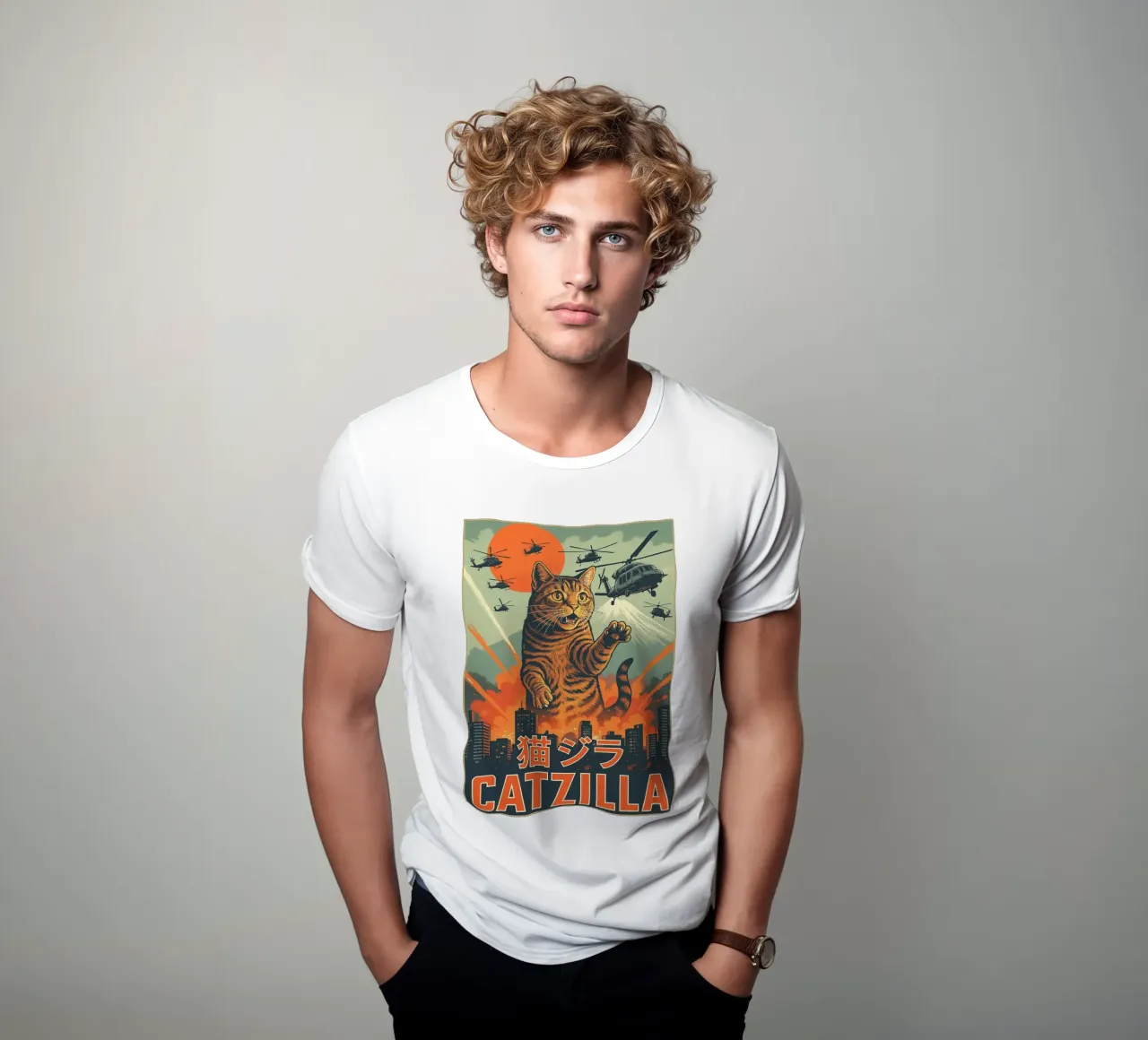 Catzilla Retro Japans Kunstontwerp t-shirt van the gondils