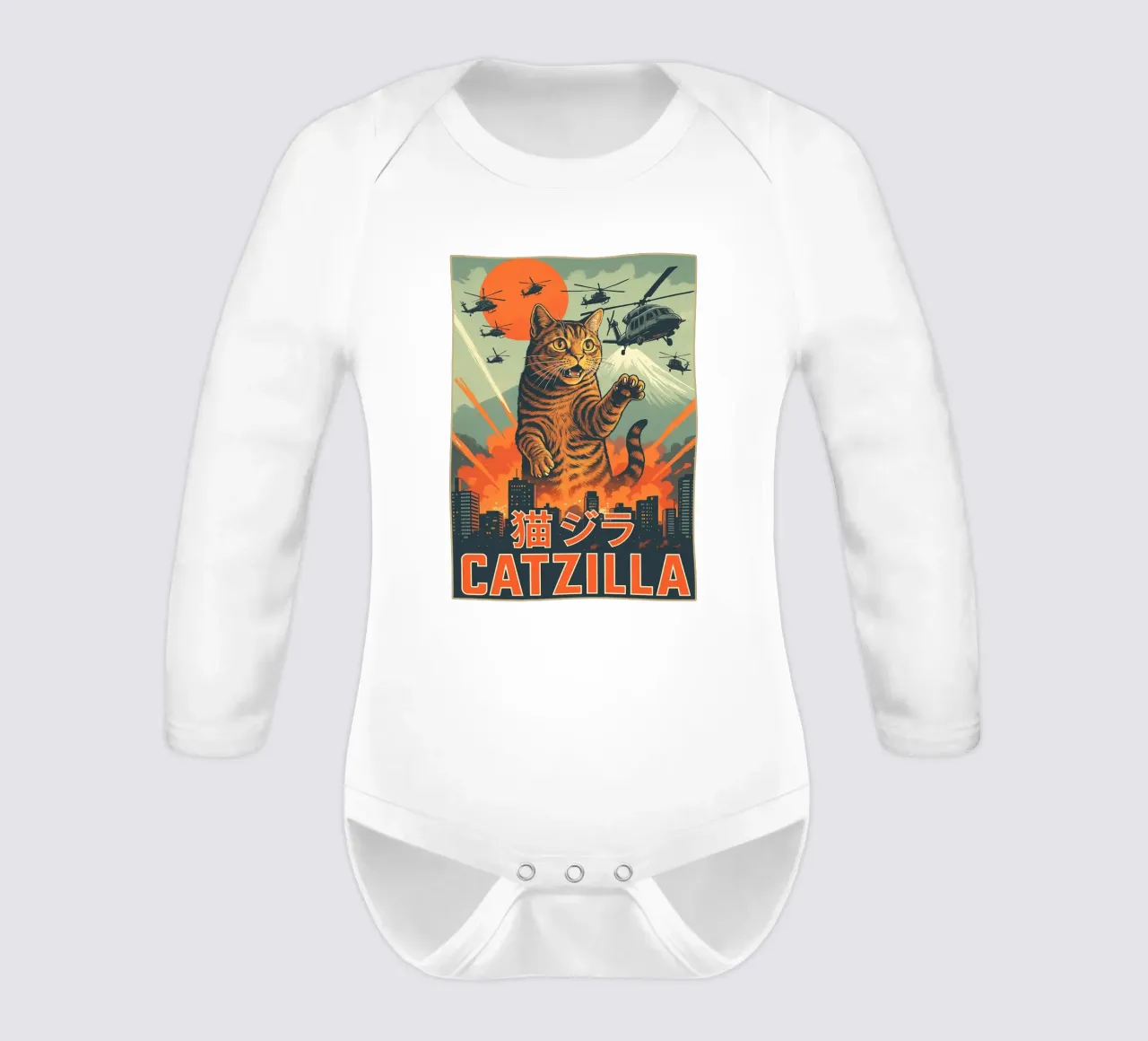Catzilla Retro Japans Kunstontwerp babyrompertje lange mouwen van the gondils