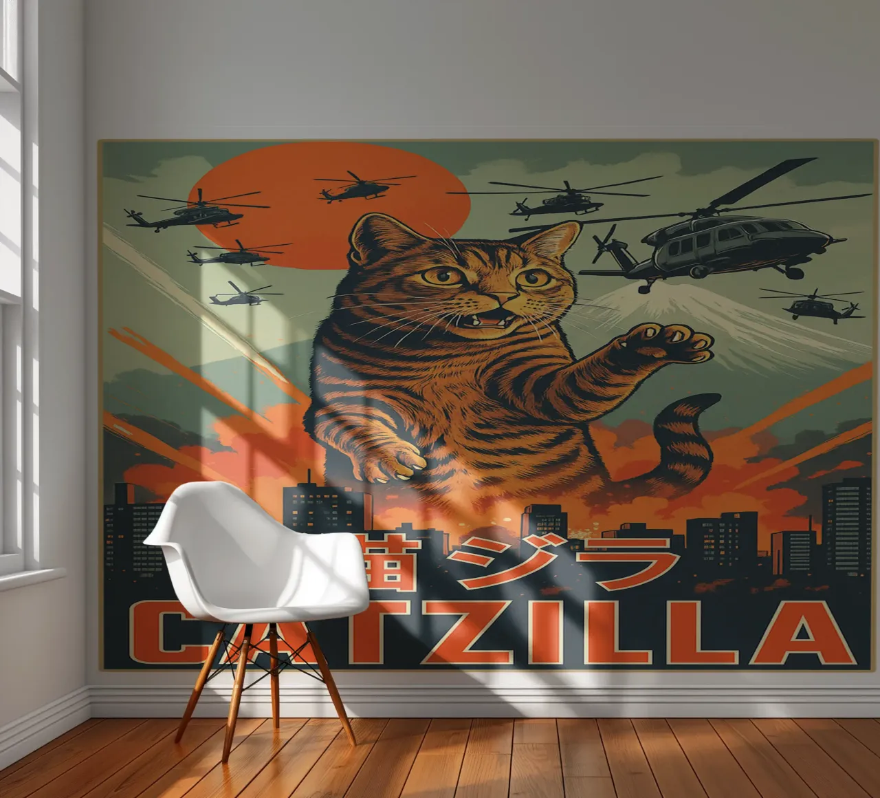 Catzilla Retro Japans Kunstontwerp fotobehang van the gondils
