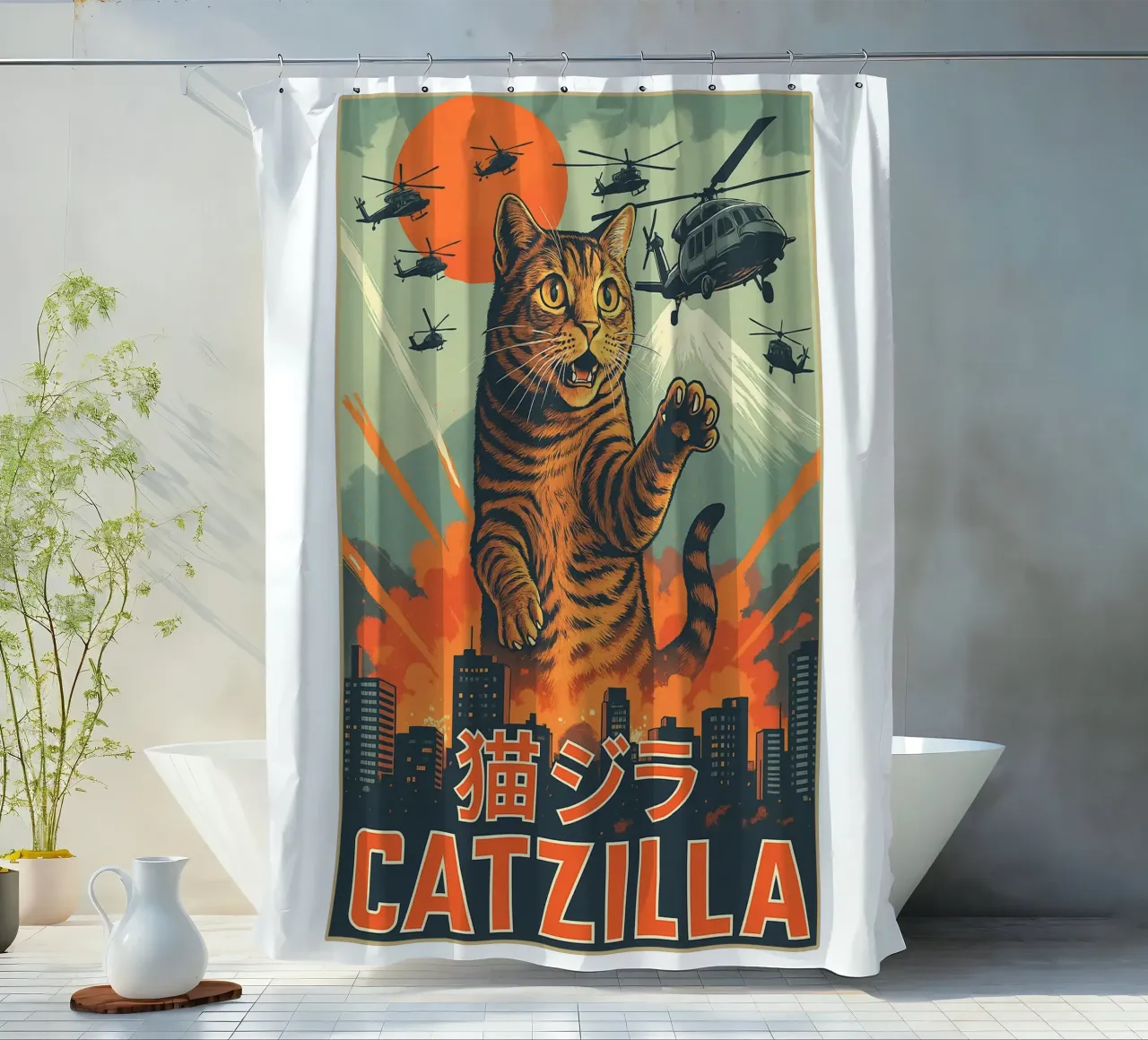 Catzilla Retro Japans Kunstontwerp douchegordijn van the gondils