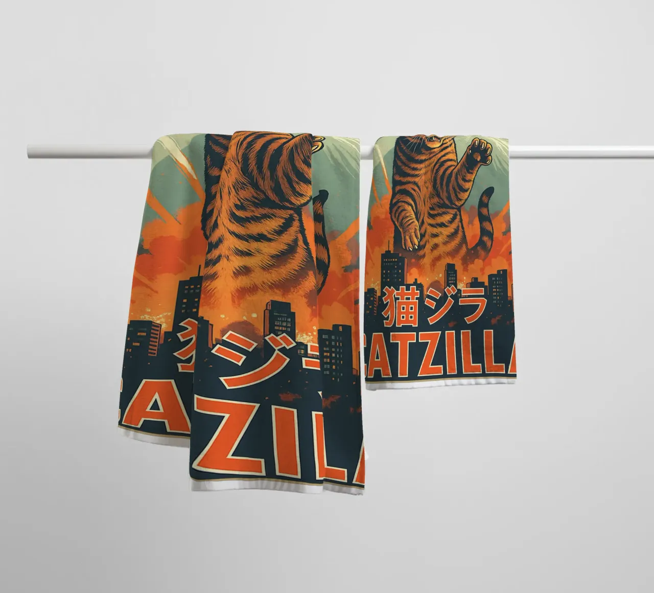 Catzilla Retro Japans Kunstontwerp badhanddoek van the gondils